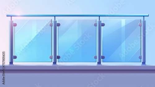 Balcony fence with glass banister. Realistic modern set of horizontal handrail and metal tubular beam for stairway guardrail. Transparent acrylic barrier.