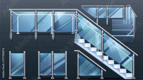 Isolated set of glass handrails on a transparent background. Modern realistic illustration of 3D plastic barriers, home or office interiors, plexiglass fence against metal poles.
