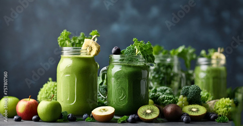 Glass jar mugs with green health smoothie and fresh healthy diffident fruits on dark background ai generative