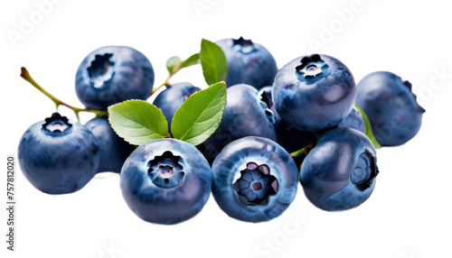A cluster of fresh blueberries with green leaves on a white background,ai generated