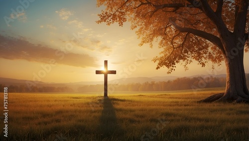 Cross in the autumn meadows background . Faith and religious theme