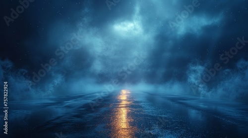 A dark, empty scene, a blue neon searchlight, wet asphalt, smoke, nighttime view, and rays of light.