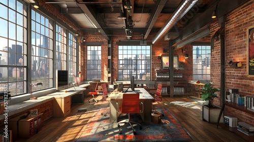 Industrial Loft Office Design with City View and Vintage Tech - Urban Charm