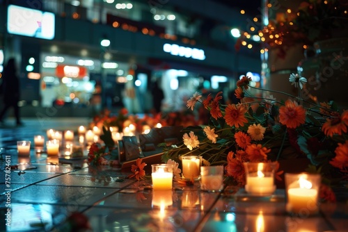Memorial with candles and flowers on city sidewalk at night.