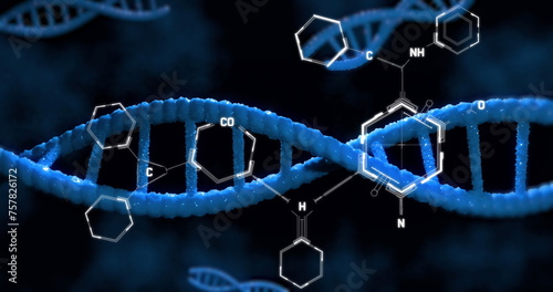 Image of dna rotating over chemical formulas on black background