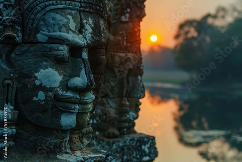 Angkor Thom, Cambodia: Stone Asura Face at Ancient Khmer Temple Ruin with Stunning Sunset Over Moat - Travel and Religion