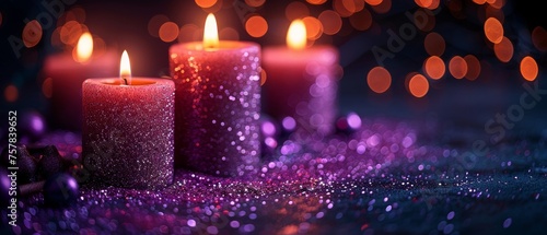 Defocused abstract lights and purple glitter on flames of Advent candles burning in the dark