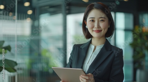 Angular Asian woman holding digital tablet in office. Executive or saleswoman using corporate technology looking at camera. Portrait.