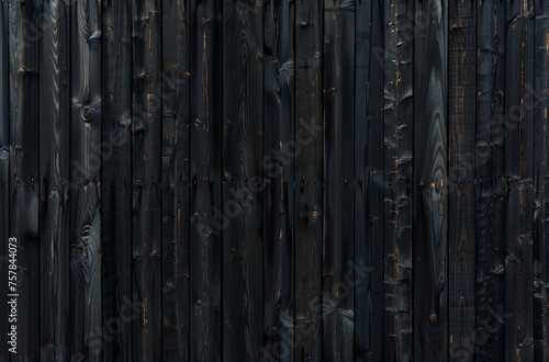 A black wooden fence with burnt wood. The wood is charred and has a dark, almost black color. The fence appears to be old and worn, with some of the wood showing signs of rot and decay