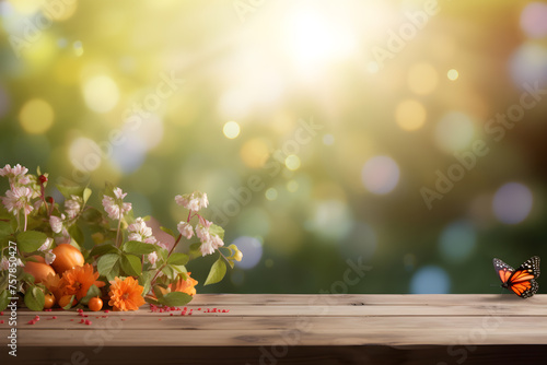 Empty old wooden table with butterfly and flowers on the garden with beautiful blurry spring season on the background.