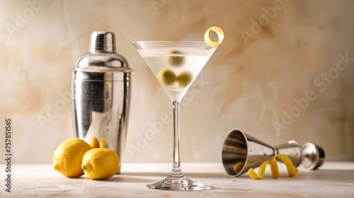 Elegant classic martini cocktail with green olives and lemon twist, with shaker and peels on a textured surface
