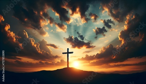 Realistic illustration of cross on hill at sunset.