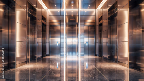 Luxuriously designed elevator interior with elegant lighting and reflective surfaces