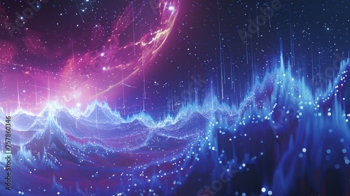 Digital Symphony, This image portrays a vibrant digital landscape where data and music converge into a visual representation of a symphonic performance, with peaks and valleys of light mimicking sound