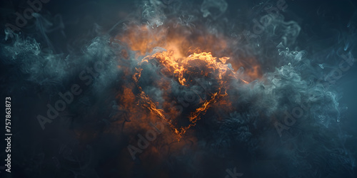 A heart is burning in flames among the clouds, Heart surrounded by misty clouds of warm and welcoming .