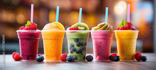 Fresh fruit smoothies on blurry background
