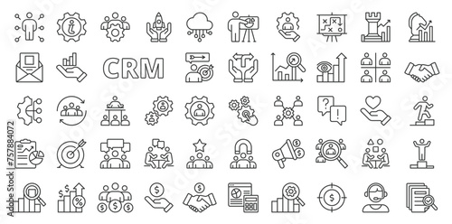 CRM icons in line design. CRM system, CRM software, business, statistics, deal, money, team, strategy, growth, manager, finance isolated on white background vector. CRM editable stroke icons.