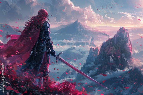 Majestic Female Warrior Overlooking a Fantasy Landscape with Sword and Red Cloak Among Soaring Mountains and Mystical Skies
