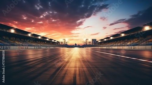View of the asphalt international race track at sunset. Race track background.