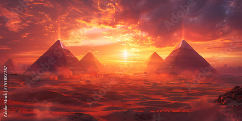 Egyptian desert with ancient pyramids sandy landscape fantasy view monuments historical Concept nature dark yellow orange 