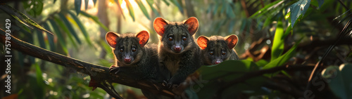 Possum family in the forest with setting sun shining. Group of wild animals in nature. Horizontal, banner.