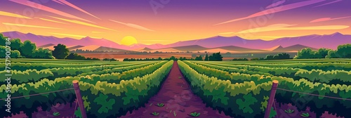 Sunset Over Vineyards: A Picturesque Illustration of Agricultural Beauty – Perfect for Wine and Travel Content