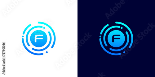 Letter F technology logo with circuit board line style circle for digital,data,connection