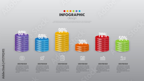 Vector stack of colorful circles chart infographic template with 3D for diagrams, graphs, presentations and business concept charts with 6 options.