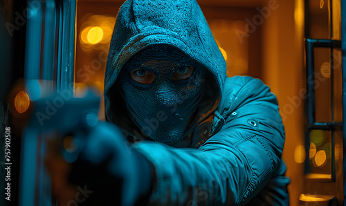 Person in a hood pointing a gun. Close-up shot with tense atmosphere. Thriller and crime concept. Design for poster, film promotion