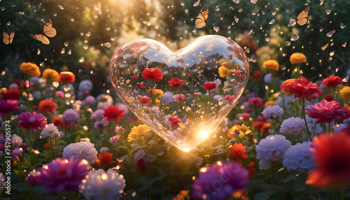 schwebendes Herz aus Kristall Glas klar und fröhlich umgeben von Blumen Noten Schwingungen in goldener Stunde über einem urbanen Park oder Garten, Liebe Leidenschaft und Symphony der Klänge und Töne 