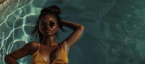 beautiful afro american black woman in yellow bikini swimsuit relaxing in the pool