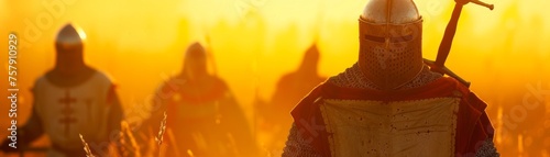 In the golden light of sunset Knights Templar as Christian Warriors vow to find the Holy Grail