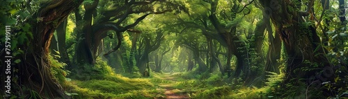 A beautiful fairytale enchanted forest with big trees and great vegetation.