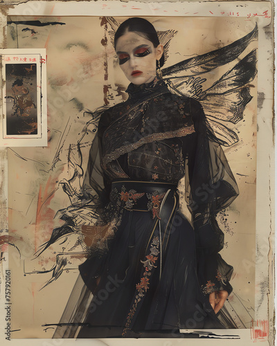 Ilustration - Mystische Frau in einem schwarzen Kleid