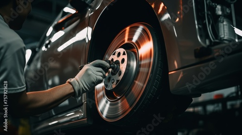 Automotive technician replacing brakes on a vehicle as part of routine maintenance