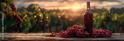 Bottle of red wine with ripe grapes on tabletop, A bottle of red wine and grapes lie on an open window overlooking a beautiful landscape in retro style 