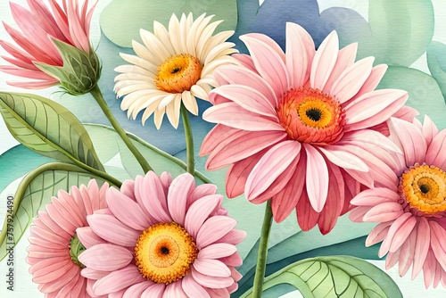 Pastel Barberton daisy flowers watercolor background. elegant botanical floral background. ai generated art