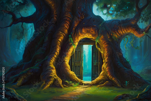 Ancient tree painting. Glowing doorway in trunk leads to luminous, enchanted realm. Surreal and mystical artwork