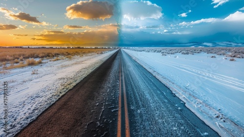 Visualize a single road where one end is covered in ice and the other baked in heatwave conditions