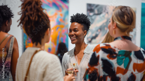 African woman art curator and gallerist opening night at an art exhibition. A successful art gallery opening is all about creating a buzz. You want people to be talking about the art and buying