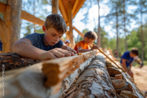 children making a cabin at summer camp. generative ai