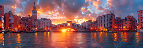 Rialto Bridge Across Grand Canal and Waterfront, Ponte Rialto and gondola at sunset in Venice