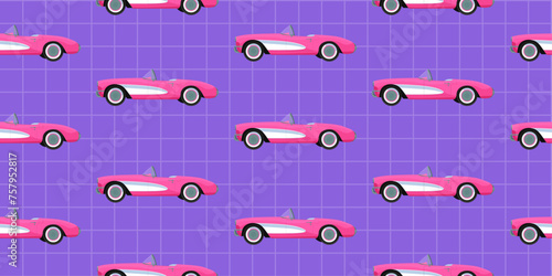 Pink classic corvette car seamless pattern on violet background. Retro american automobile design illustration for textile, wrapping paper, fabric, wallpaper, vintage cover. Vector