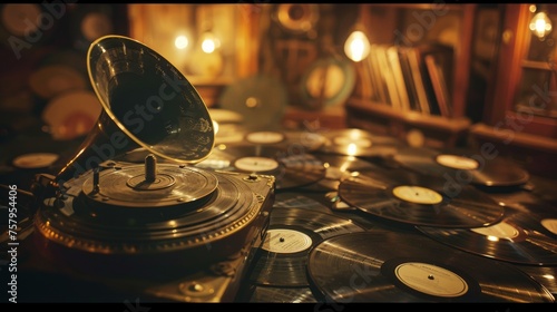 Nostalgia captured by a vintage gramophone with scattered vinyl records and soft lighting