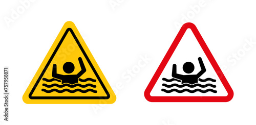 Risk of drowning warning sign. deep water beware hazard symbol. drowning beach swim danger water level sign.