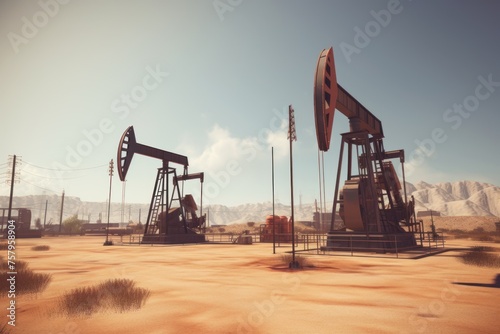 Pumpjack in oil field drilling to extract oil and natural gas out from ground.