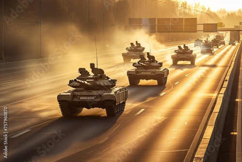 A convoy of tanks rolls down the highway in a display of military might.