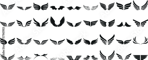 wing silhouette vector set, angel or bird wings. Ideal wing vector for logo design, tattoos, decals. Highly detailed, customizable, various designs on white background