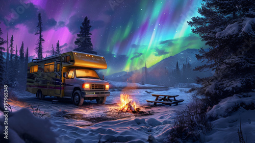 RV truck parked in campsite in snow field with beautiful aurora northern lights in night sky with snow forest in winter.