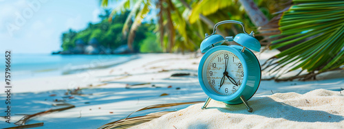blue alarm clock on a tropical beach near the ocean and palm trees, rest time, vacation, travel